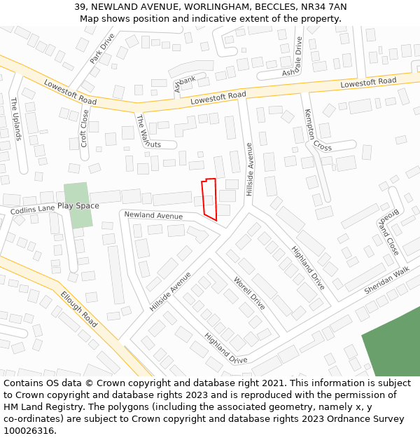 39, NEWLAND AVENUE, WORLINGHAM, BECCLES, NR34 7AN: Location map and indicative extent of plot