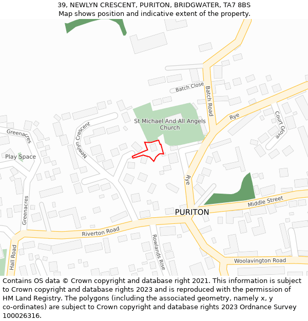 39, NEWLYN CRESCENT, PURITON, BRIDGWATER, TA7 8BS: Location map and indicative extent of plot