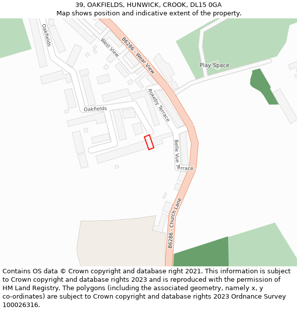 39, OAKFIELDS, HUNWICK, CROOK, DL15 0GA: Location map and indicative extent of plot