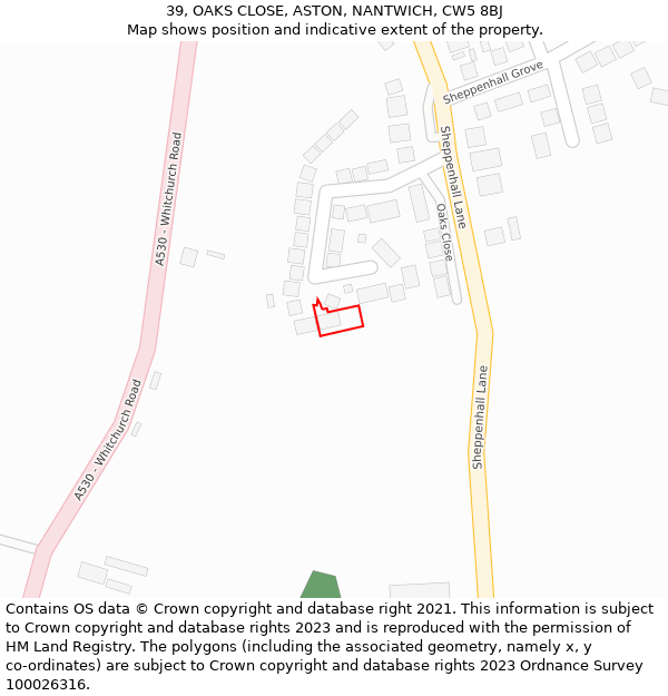 39, OAKS CLOSE, ASTON, NANTWICH, CW5 8BJ: Location map and indicative extent of plot