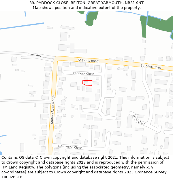 39, PADDOCK CLOSE, BELTON, GREAT YARMOUTH, NR31 9NT: Location map and indicative extent of plot