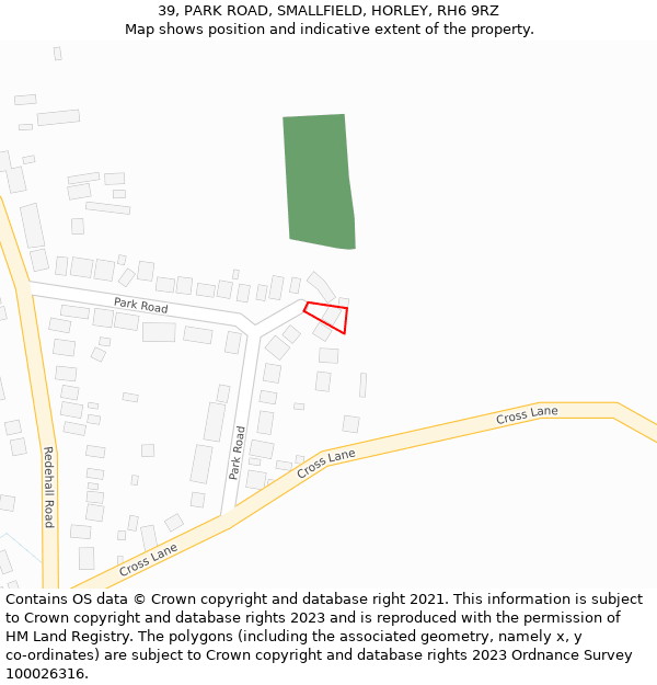 39, PARK ROAD, SMALLFIELD, HORLEY, RH6 9RZ: Location map and indicative extent of plot