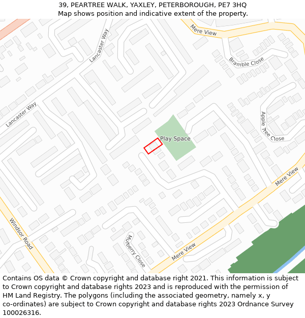 39, PEARTREE WALK, YAXLEY, PETERBOROUGH, PE7 3HQ: Location map and indicative extent of plot