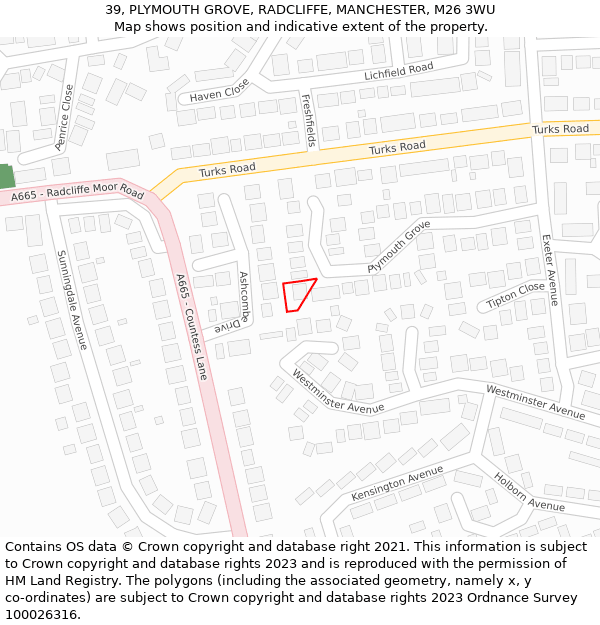 39, PLYMOUTH GROVE, RADCLIFFE, MANCHESTER, M26 3WU: Location map and indicative extent of plot