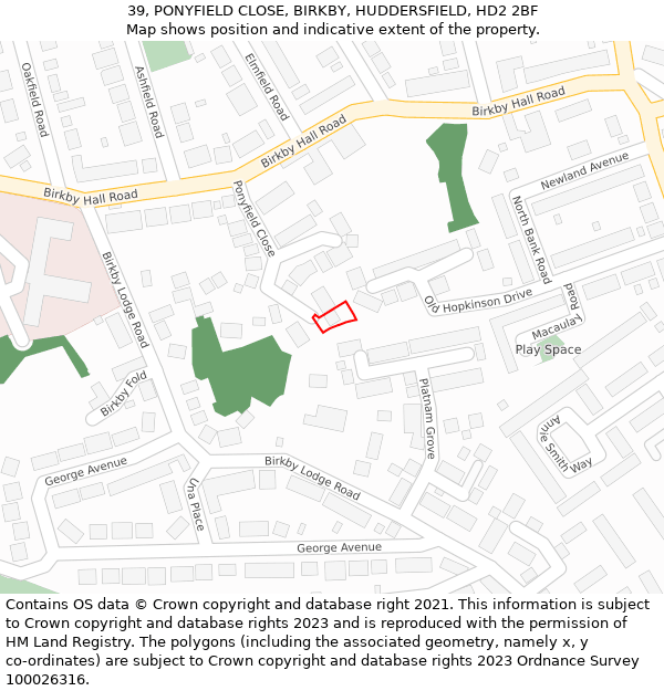 39, PONYFIELD CLOSE, BIRKBY, HUDDERSFIELD, HD2 2BF: Location map and indicative extent of plot