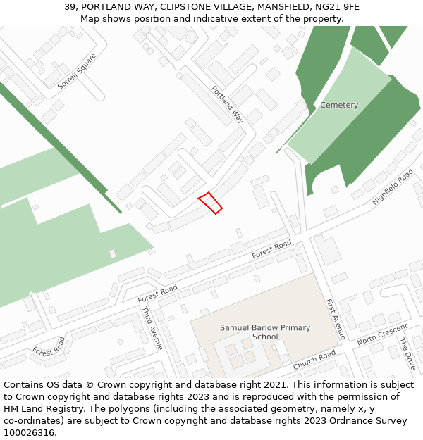 39, PORTLAND WAY, CLIPSTONE VILLAGE, MANSFIELD, NG21 9FE: Location map and indicative extent of plot