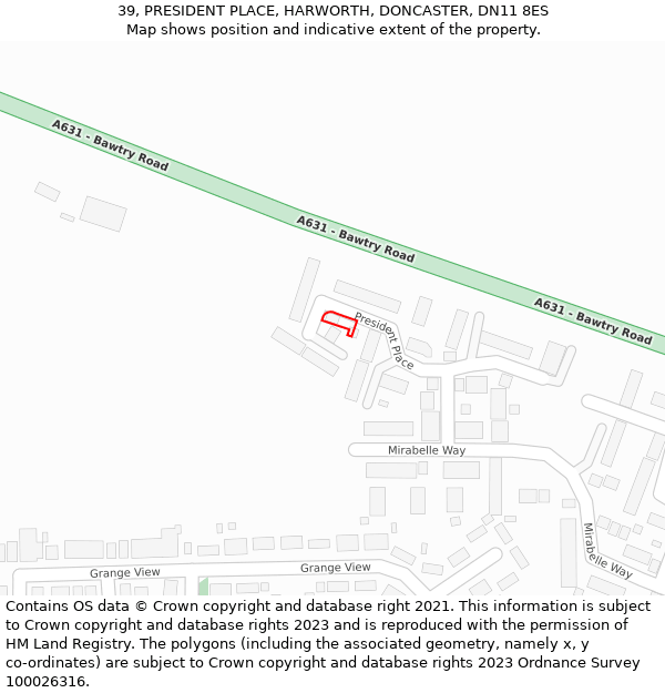 39, PRESIDENT PLACE, HARWORTH, DONCASTER, DN11 8ES: Location map and indicative extent of plot