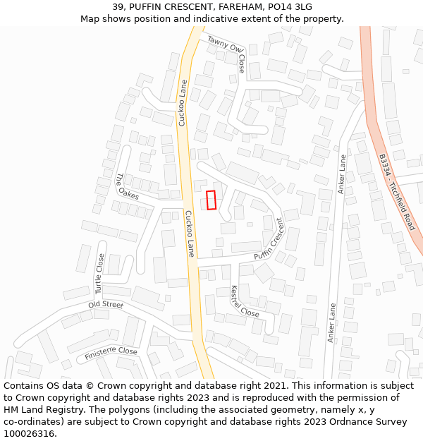 39, PUFFIN CRESCENT, FAREHAM, PO14 3LG: Location map and indicative extent of plot