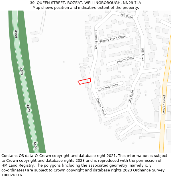 39, QUEEN STREET, BOZEAT, WELLINGBOROUGH, NN29 7LA: Location map and indicative extent of plot
