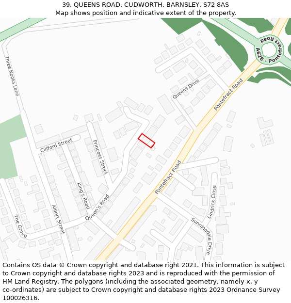 39, QUEENS ROAD, CUDWORTH, BARNSLEY, S72 8AS: Location map and indicative extent of plot