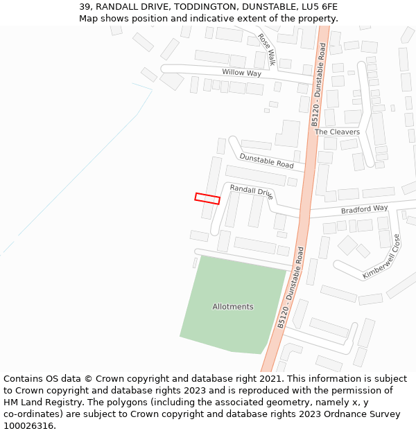 39, RANDALL DRIVE, TODDINGTON, DUNSTABLE, LU5 6FE: Location map and indicative extent of plot