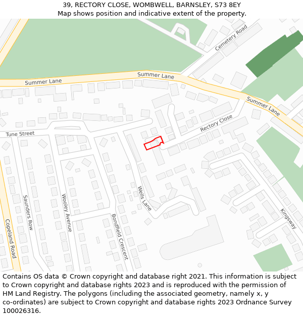 39, RECTORY CLOSE, WOMBWELL, BARNSLEY, S73 8EY: Location map and indicative extent of plot