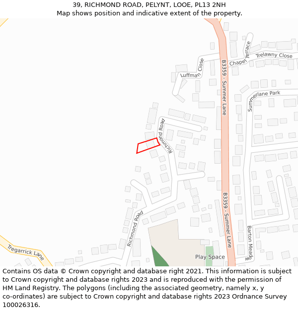 39, RICHMOND ROAD, PELYNT, LOOE, PL13 2NH: Location map and indicative extent of plot