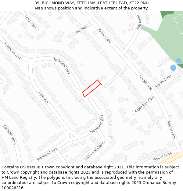 39, RICHMOND WAY, FETCHAM, LEATHERHEAD, KT22 9NU: Location map and indicative extent of plot