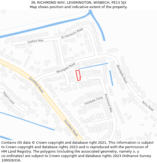 39, RICHMOND WAY, LEVERINGTON, WISBECH, PE13 5JX: Location map and indicative extent of plot