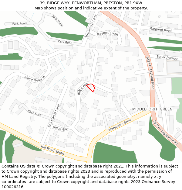 39, RIDGE WAY, PENWORTHAM, PRESTON, PR1 9XW: Location map and indicative extent of plot