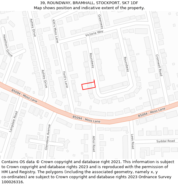 39, ROUNDWAY, BRAMHALL, STOCKPORT, SK7 1DF: Location map and indicative extent of plot