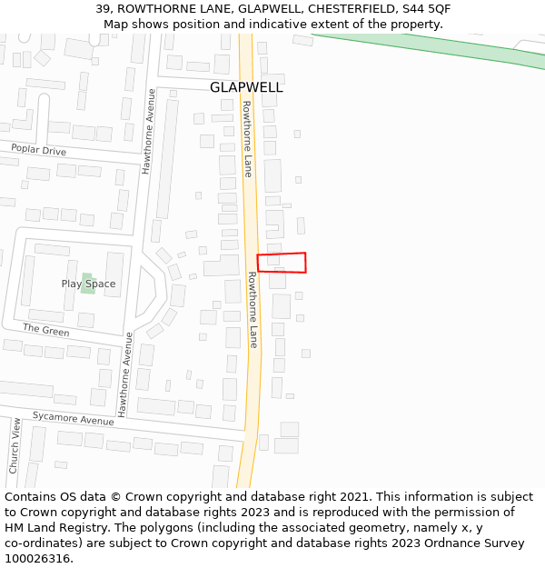 39, ROWTHORNE LANE, GLAPWELL, CHESTERFIELD, S44 5QF: Location map and indicative extent of plot