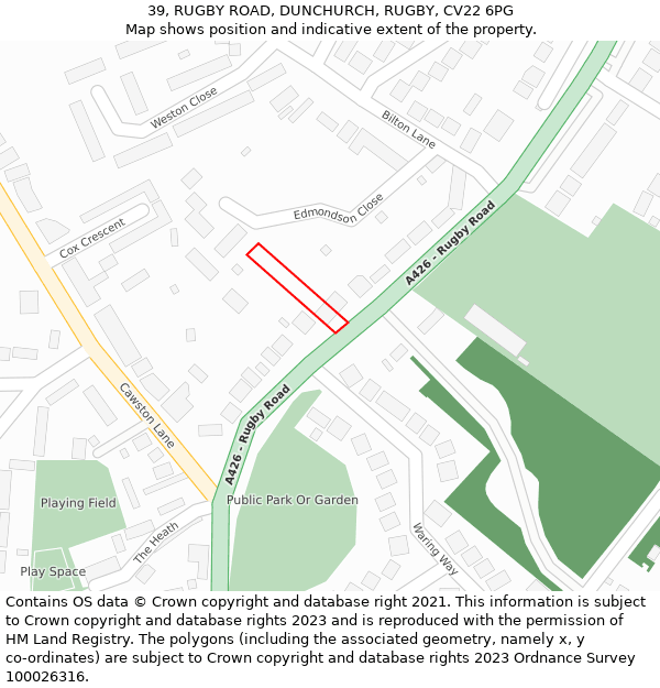 39, RUGBY ROAD, DUNCHURCH, RUGBY, CV22 6PG: Location map and indicative extent of plot