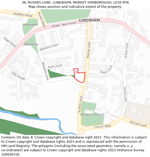 39, RUSHES LANE, LUBENHAM, MARKET HARBOROUGH, LE16 9TN: Location map and indicative extent of plot