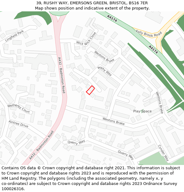 39, RUSHY WAY, EMERSONS GREEN, BRISTOL, BS16 7ER: Location map and indicative extent of plot
