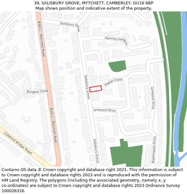 39, SALISBURY GROVE, MYTCHETT, CAMBERLEY, GU16 6BP: Location map and indicative extent of plot