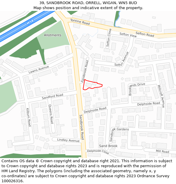 39, SANDBROOK ROAD, ORRELL, WIGAN, WN5 8UD: Location map and indicative extent of plot