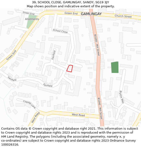 39, SCHOOL CLOSE, GAMLINGAY, SANDY, SG19 3JY: Location map and indicative extent of plot