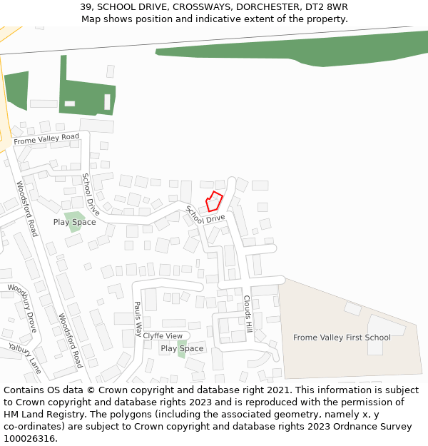 39, SCHOOL DRIVE, CROSSWAYS, DORCHESTER, DT2 8WR: Location map and indicative extent of plot