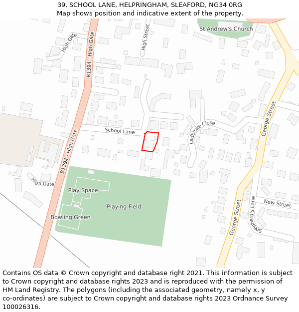 39, SCHOOL LANE, HELPRINGHAM, SLEAFORD, NG34 0RG: Location map and indicative extent of plot