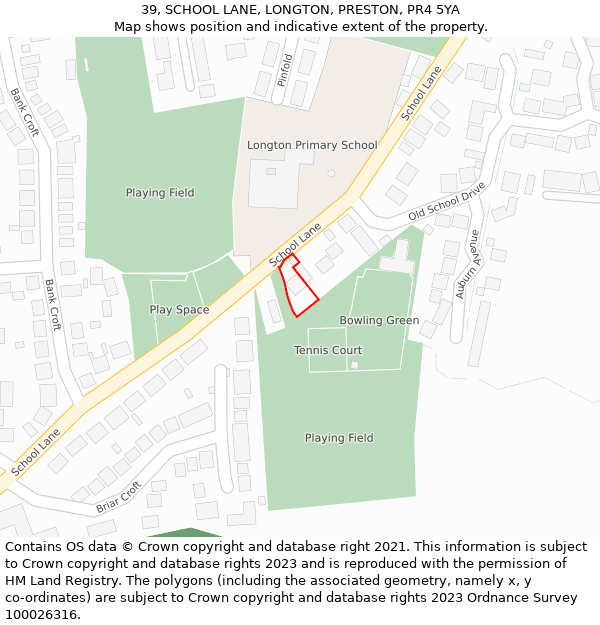 39, SCHOOL LANE, LONGTON, PRESTON, PR4 5YA: Location map and indicative extent of plot