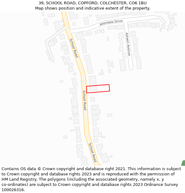 39, SCHOOL ROAD, COPFORD, COLCHESTER, CO6 1BU: Location map and indicative extent of plot