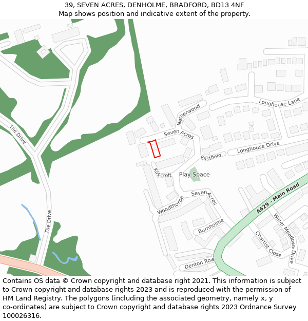 39, SEVEN ACRES, DENHOLME, BRADFORD, BD13 4NF: Location map and indicative extent of plot