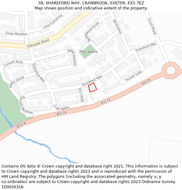 39, SHAREFORD WAY, CRANBROOK, EXETER, EX5 7EZ: Location map and indicative extent of plot