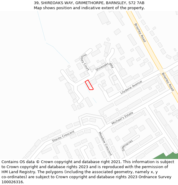 39, SHIREOAKS WAY, GRIMETHORPE, BARNSLEY, S72 7AB: Location map and indicative extent of plot