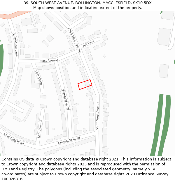 39, SOUTH WEST AVENUE, BOLLINGTON, MACCLESFIELD, SK10 5DX: Location map and indicative extent of plot
