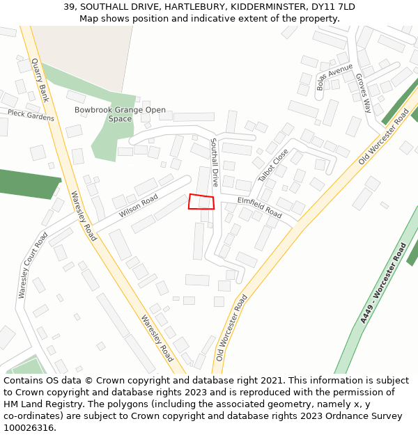 39, SOUTHALL DRIVE, HARTLEBURY, KIDDERMINSTER, DY11 7LD: Location map and indicative extent of plot