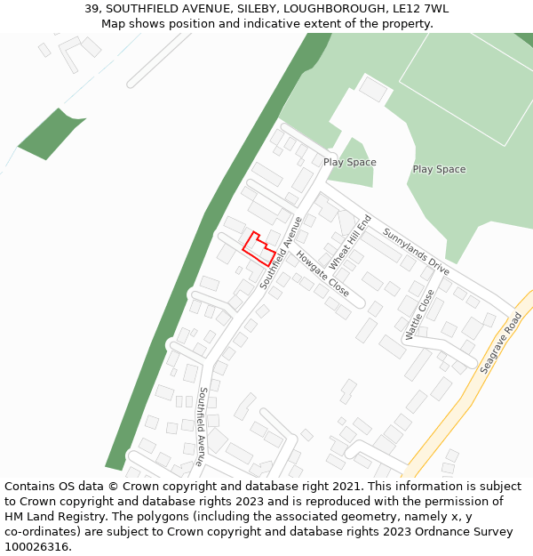 39, SOUTHFIELD AVENUE, SILEBY, LOUGHBOROUGH, LE12 7WL: Location map and indicative extent of plot
