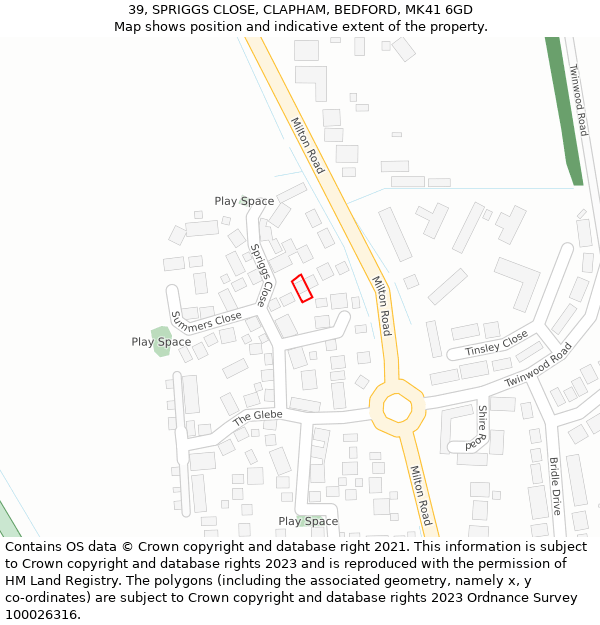 39, SPRIGGS CLOSE, CLAPHAM, BEDFORD, MK41 6GD: Location map and indicative extent of plot