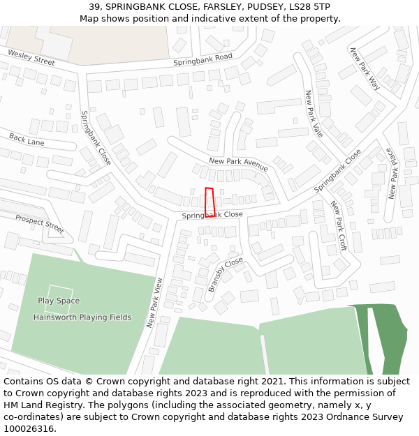 39, SPRINGBANK CLOSE, FARSLEY, PUDSEY, LS28 5TP: Location map and indicative extent of plot