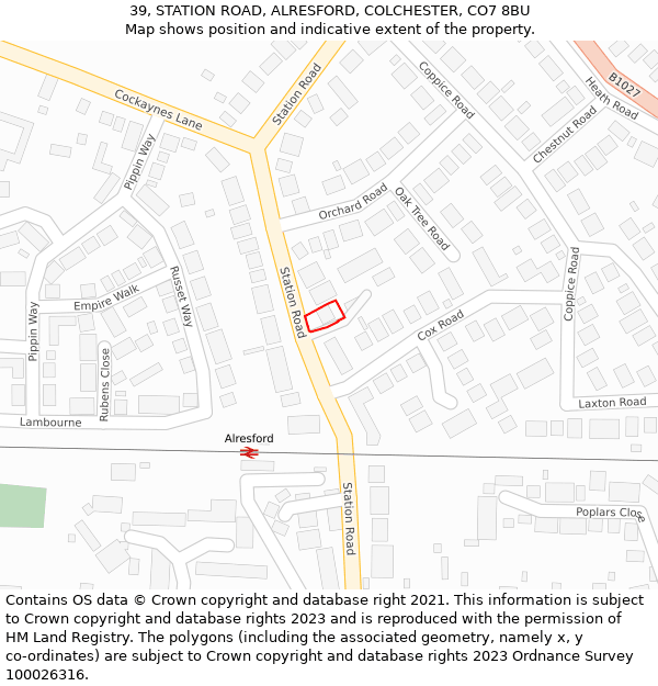 39, STATION ROAD, ALRESFORD, COLCHESTER, CO7 8BU: Location map and indicative extent of plot