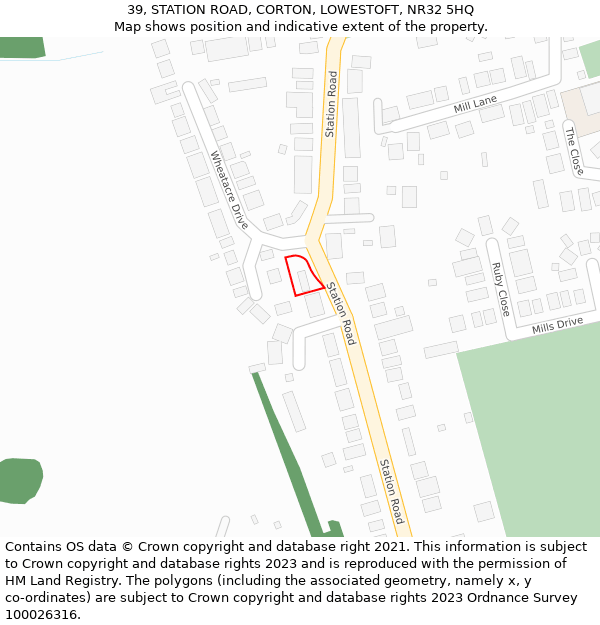 39, STATION ROAD, CORTON, LOWESTOFT, NR32 5HQ: Location map and indicative extent of plot