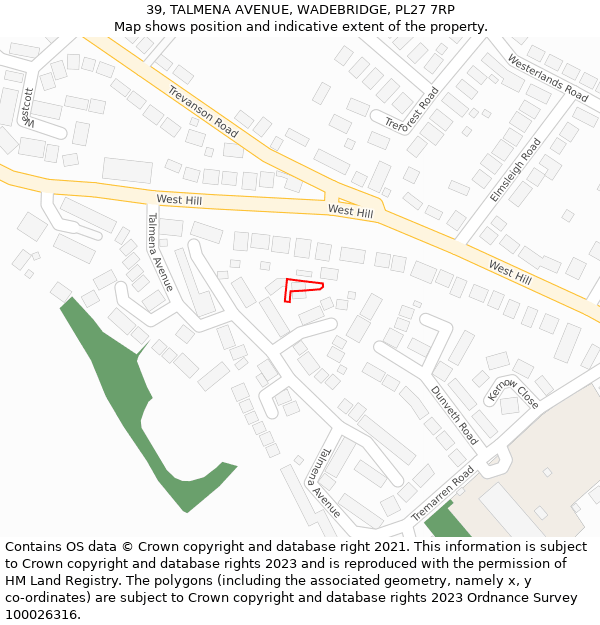 39, TALMENA AVENUE, WADEBRIDGE, PL27 7RP: Location map and indicative extent of plot