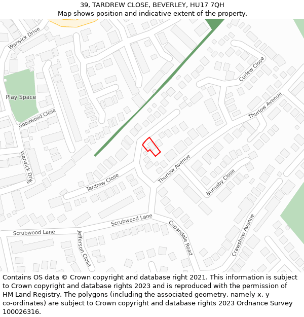 39, TARDREW CLOSE, BEVERLEY, HU17 7QH: Location map and indicative extent of plot