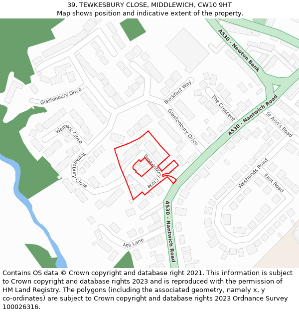 39, TEWKESBURY CLOSE, MIDDLEWICH, CW10 9HT: Location map and indicative extent of plot