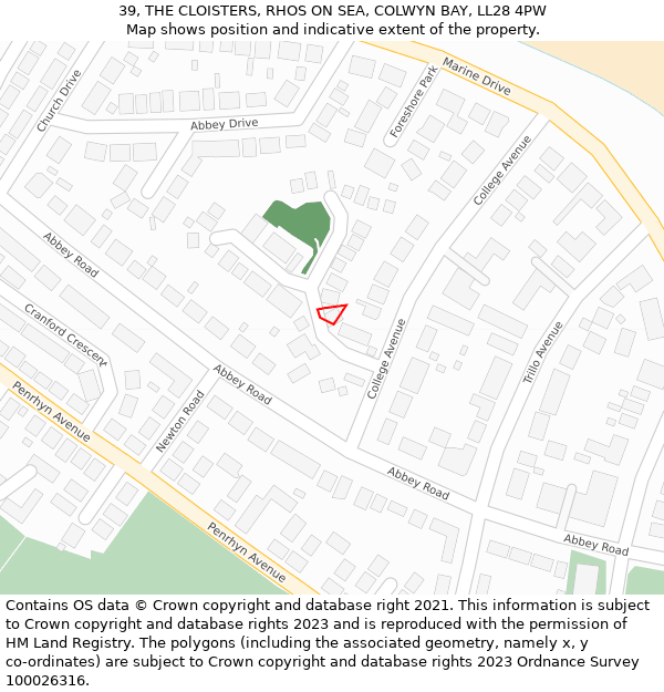 39, THE CLOISTERS, RHOS ON SEA, COLWYN BAY, LL28 4PW: Location map and indicative extent of plot