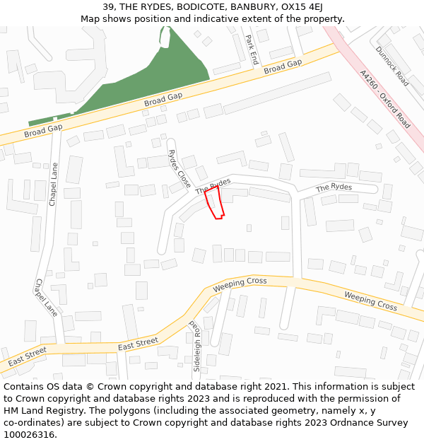 39, THE RYDES, BODICOTE, BANBURY, OX15 4EJ: Location map and indicative extent of plot