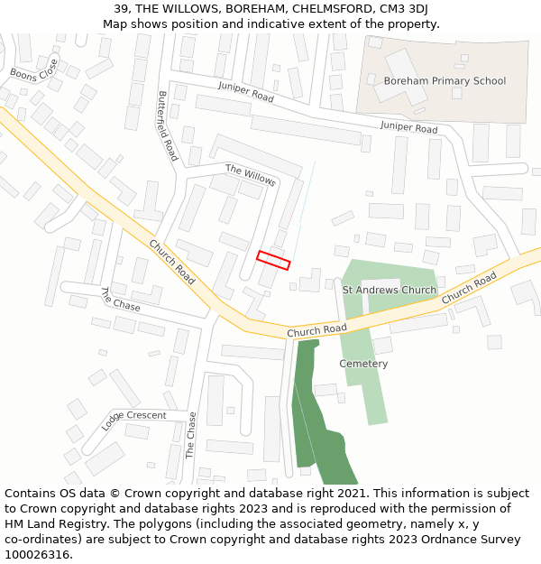 39, THE WILLOWS, BOREHAM, CHELMSFORD, CM3 3DJ: Location map and indicative extent of plot