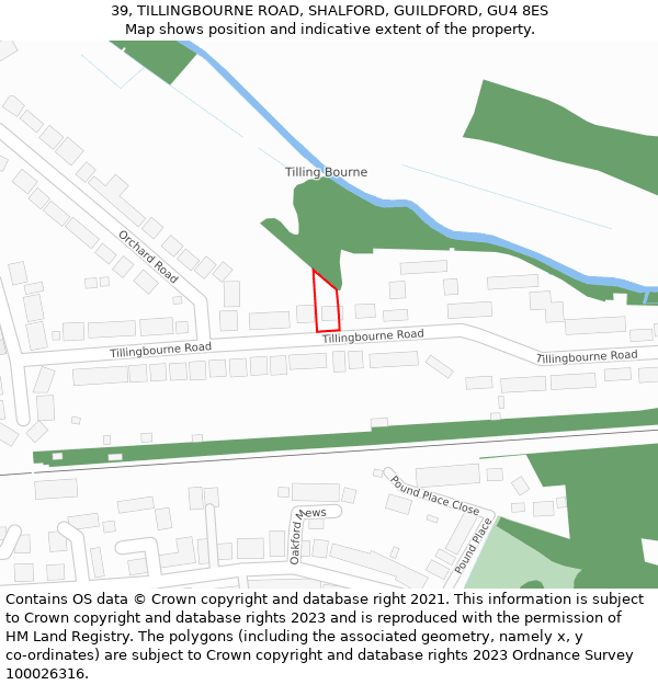 39, TILLINGBOURNE ROAD, SHALFORD, GUILDFORD, GU4 8ES: Location map and indicative extent of plot