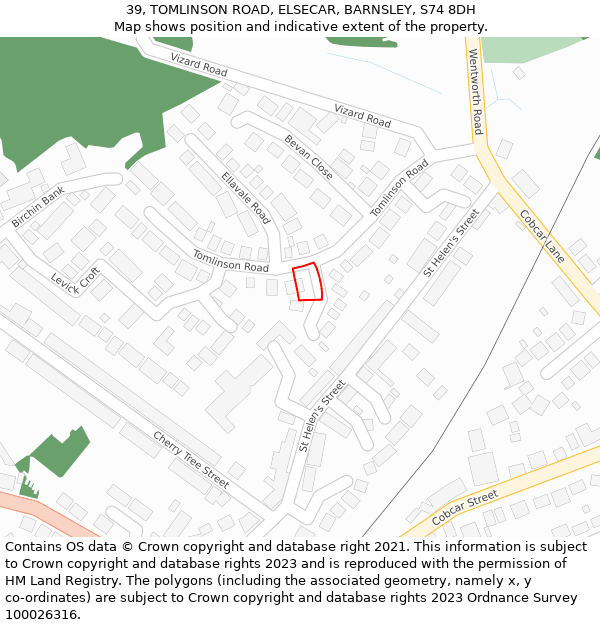 39, TOMLINSON ROAD, ELSECAR, BARNSLEY, S74 8DH: Location map and indicative extent of plot